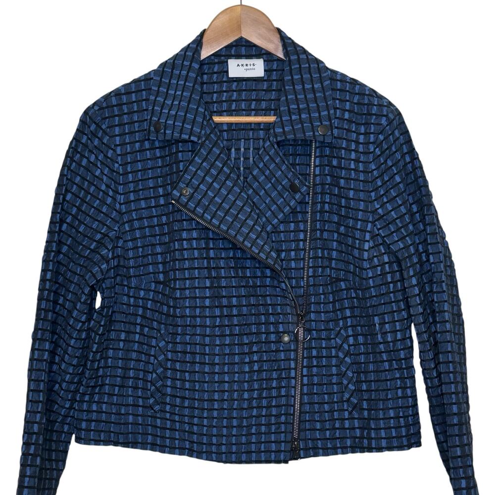 Akris Punto Texture Blue Asymmetrical Zipper Moto Jacket Size 12 Made in Romania